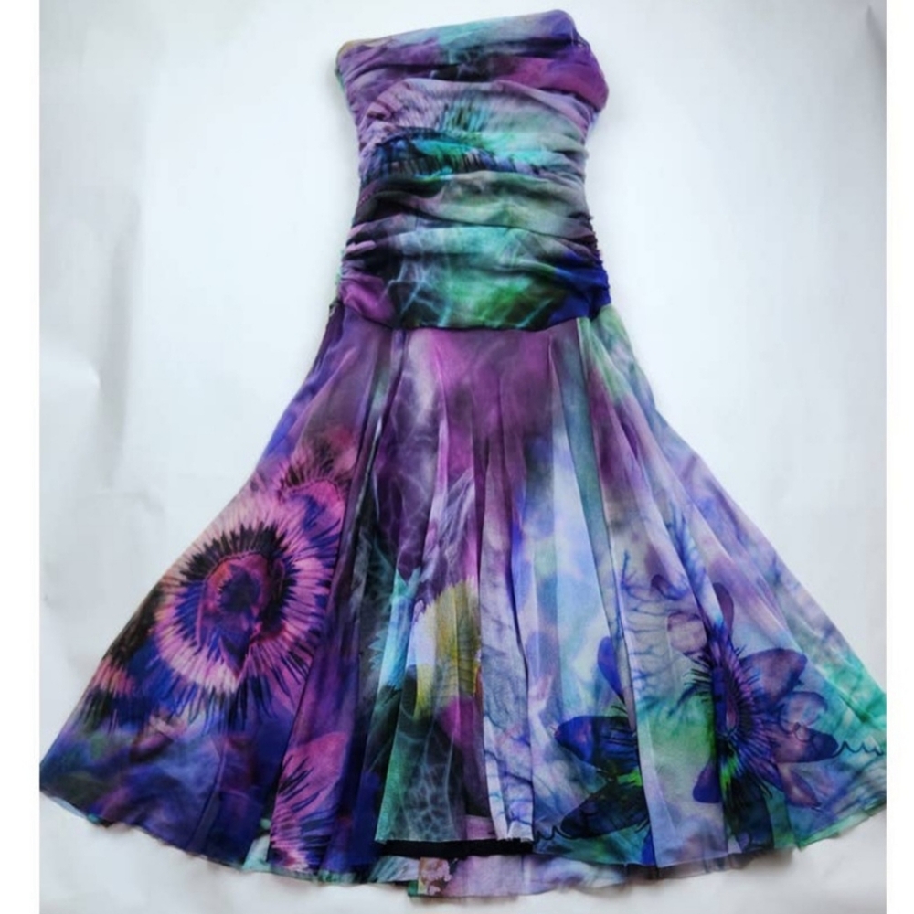 Elana Kattan Maxima Mesh Ruched 2000s Strapless Dress Watercolor Print Small